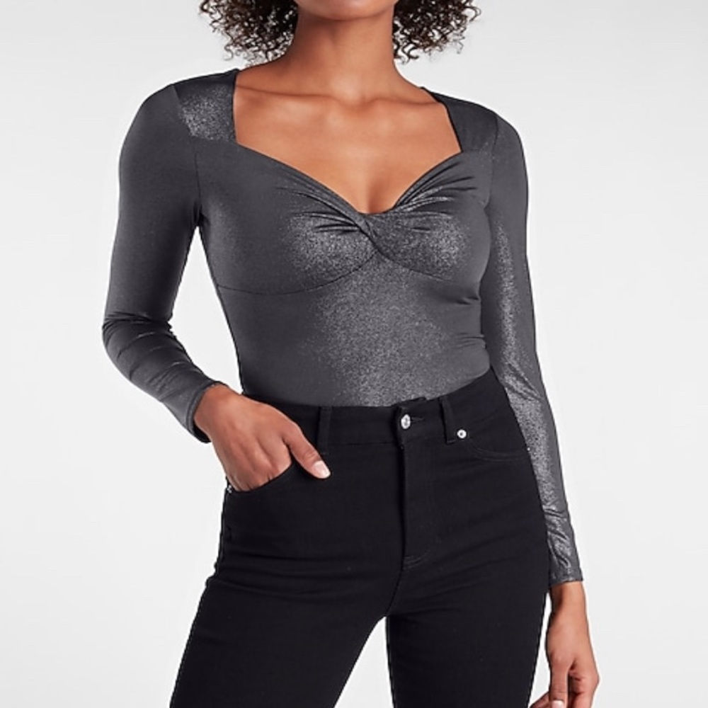 Express Body Contour Metallic Gray Twist Front Body Suit - Picture 1 of 11